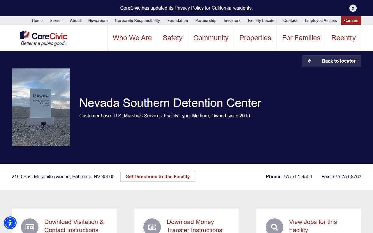 Nevada Southern Detention Center federal lookup CoreCivic facility page