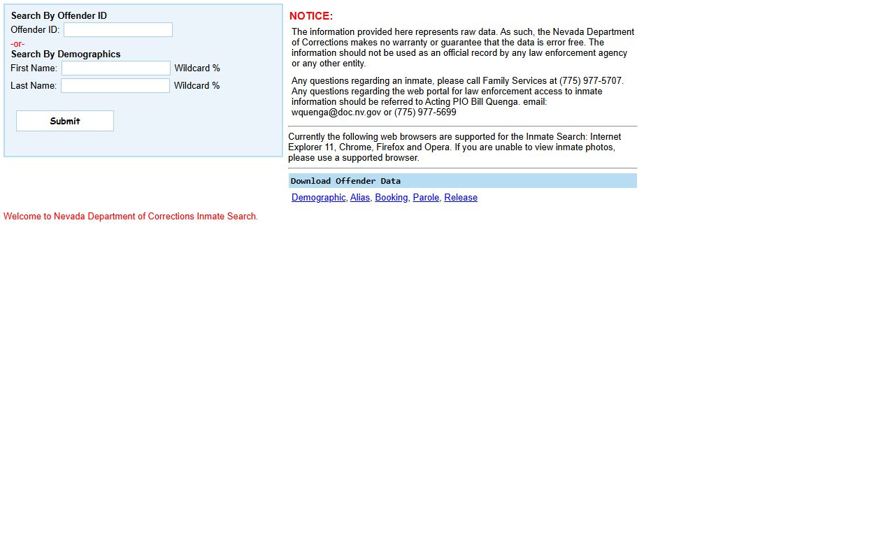 Nye County inmate population NDOC inmate search form