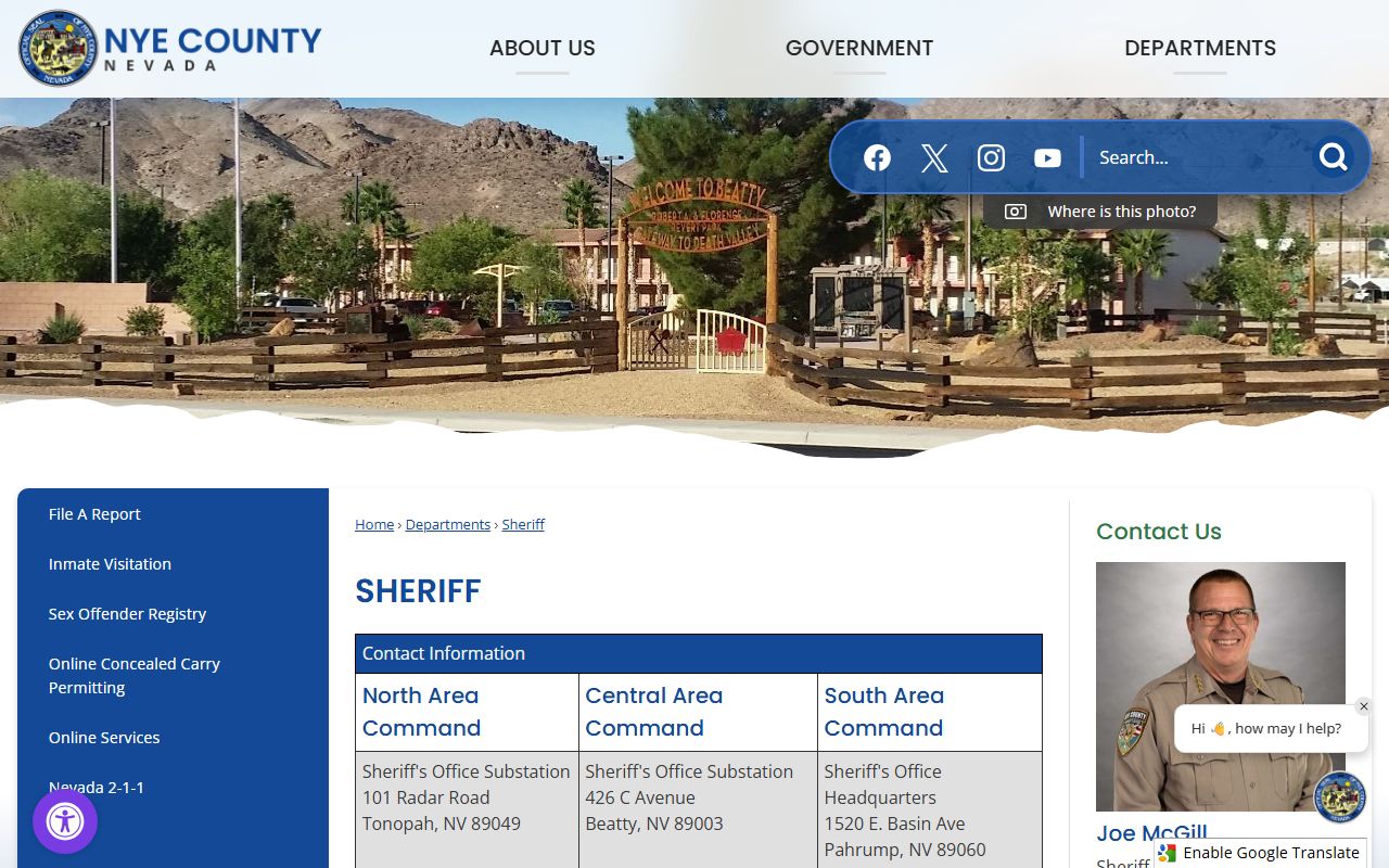 Beatty Sheriff's Office Substation detention contact and Nye County custody routing