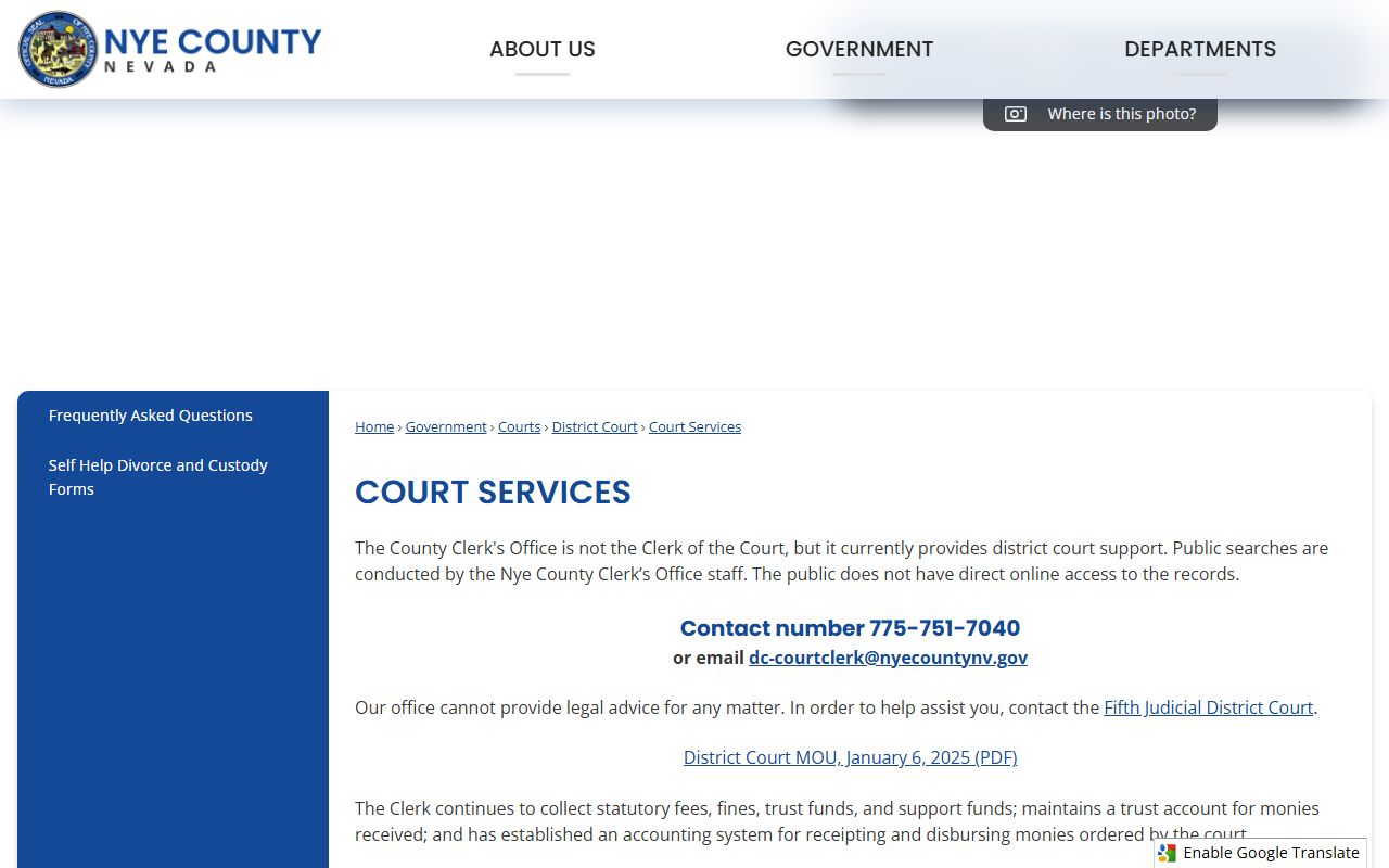 Nye County court records after jail arrest district court staff search information