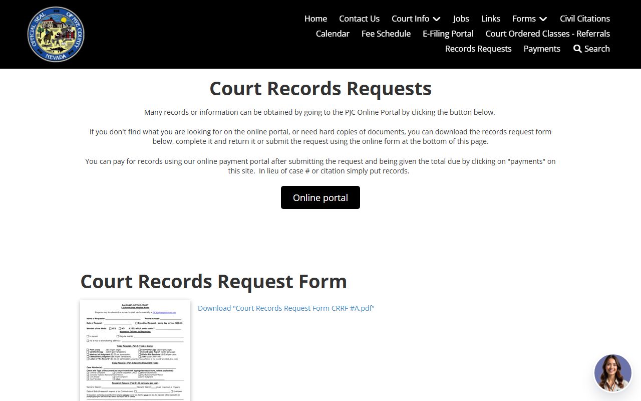 Nye County court records after jail arrest Pahrump Justice Court records request page